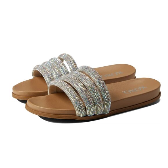 XOXO Shoes - Elegant Tan and Silver Women's Slide Sandals Rhinestone sandals XOXO